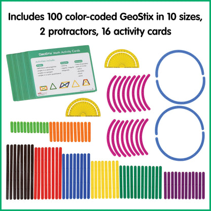 edxeducation GeoStix Deluxe Set | Teach Geometry | 100 Construction Sticks, 2 Protractors, Activity Cards | Manipulative for Math, Art and Fine Motor Skills
