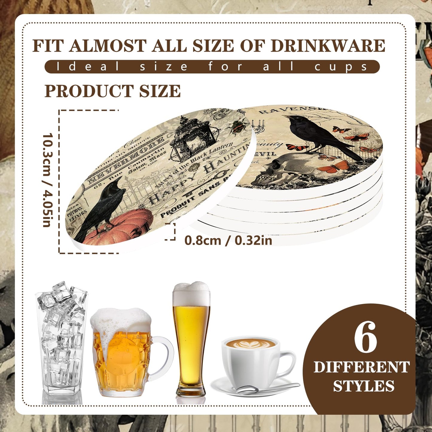 Whaline 6Pcs Halloween Coasters with Holder Vintage Owl Crow Skull Ceramic Drink Coasters Absorbent Cup Mat for Home Kitchen Party Table Protection