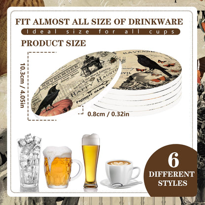 Whaline 6Pcs Halloween Coasters with Holder Vintage Owl Crow Skull Ceramic Drink Coasters Absorbent Cup Mat for Home Kitchen Party Table Protection