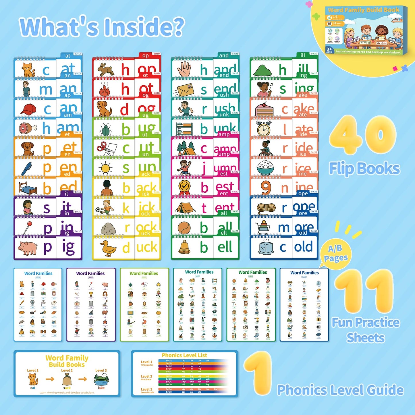Sinoome Word Family Build Book, Fun Phonics Flash Cards, 40 Read & Rhyme Flip Books, Learn to Read for Kids Ages 4-8, Educational Flash Cards for Kindergarten, Fun Sight Words & Phonics Games