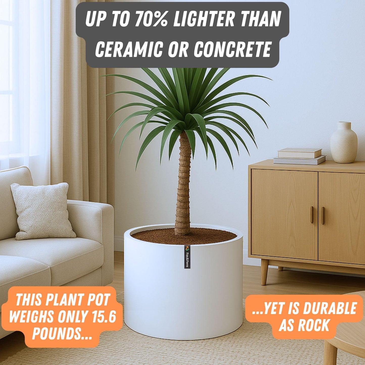 Fox & Fern Plant Pot, Large Plant Pots for Indoor & Outdoor, UV & Frost Resistant Plant Vase with Drainage Plug, Fiberstone, Large Indoor Pots for Plants & Flowers, House Indoor Plant Pot, Single Pot