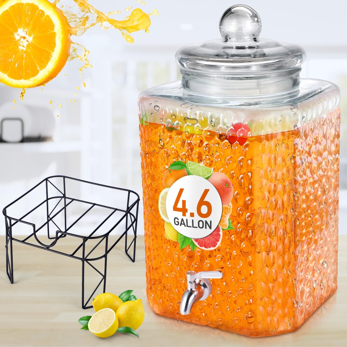 Honeydak 4.6 Gallon Glass Beverage Dispenser with Stand Stainless Steel Spigot Glass Lid Clear Iced Juice Container Leakproof Drink Dispenser Countertop Lemonade Water Jar for Wedding Party (1 Pack)