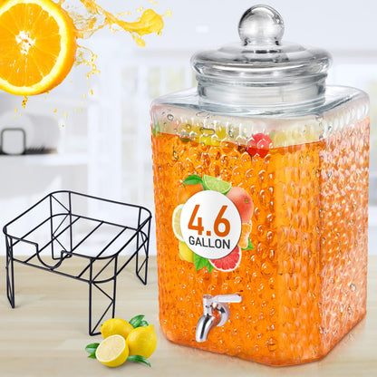 Honeydak 4.6 Gallon Glass Beverage Dispenser with Stand Stainless Steel Spigot Glass Lid Clear Iced Juice Container Leakproof Drink Dispenser Countertop Lemonade Water Jar for Wedding Party (1 Pack)