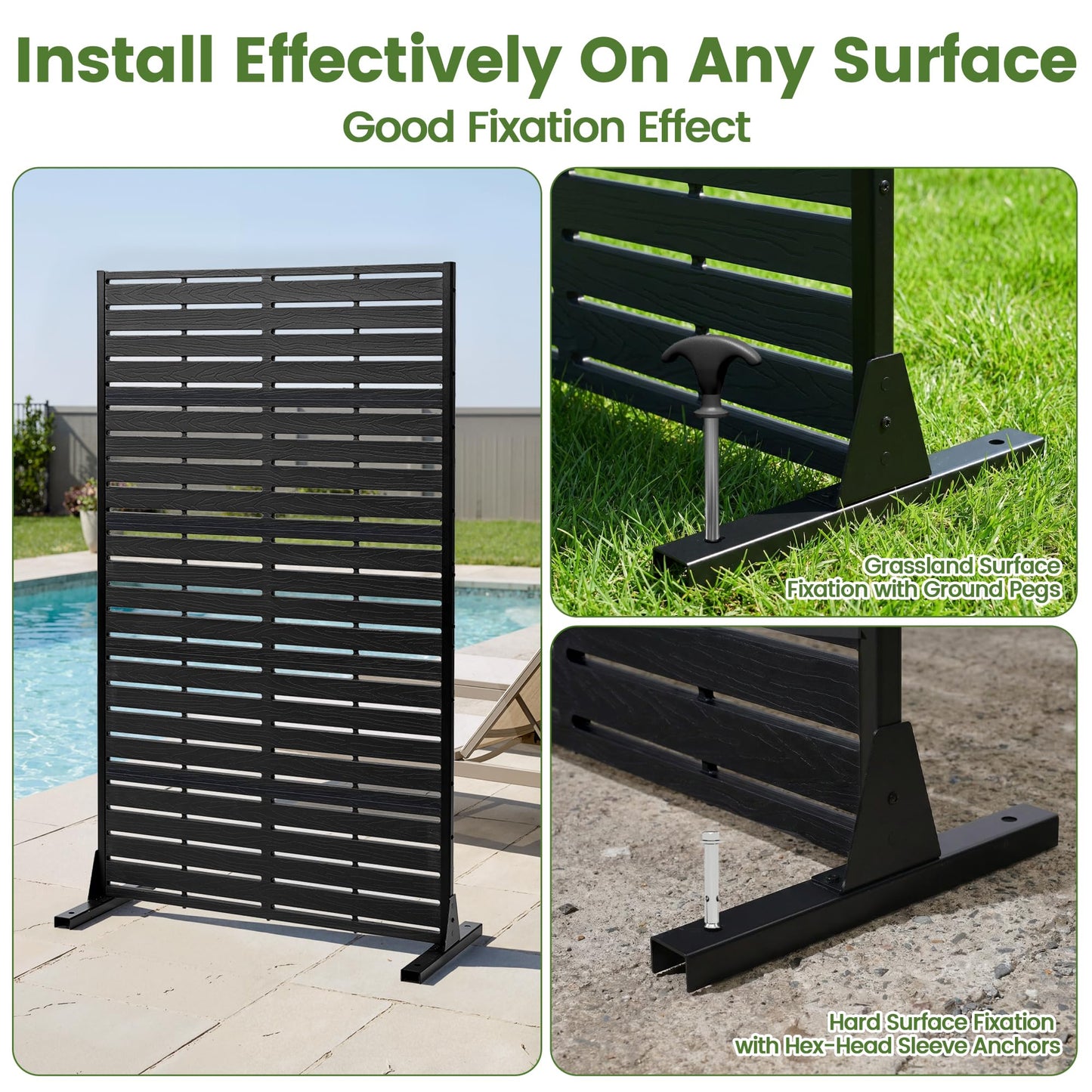 Diyfire Outdoor Privacy Screen 60" H HDPE Decorative Panel Freestanding Privacy Fence with Stand, Privacy Screens with Louvered 5 Panels, Weather-Resistant Panel Fence for Patio, Balcony, Pool, Black