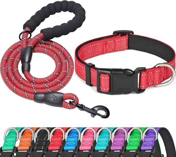 Ladoogo Reflective Dog Collar Padded with Soft Neoprene Breathable Adjustable Nylon Dog Collars for Small Medium Large Dogs (Small (Pack of 1), Red Collar+Leash)