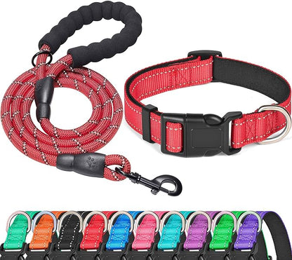 Ladoogo Reflective Dog Collar Padded with Soft Neoprene Breathable Adjustable Nylon Dog Collars for Small Medium Large Dogs (Large (Pack of 1), Red Collar+Leash)