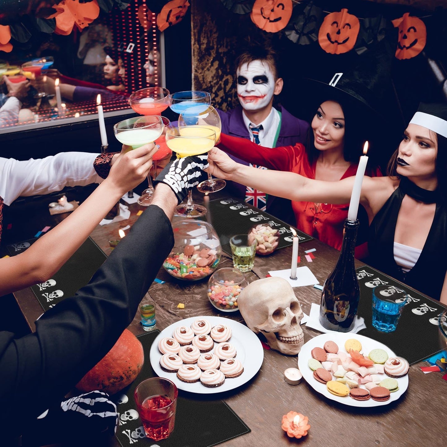 Bayson Halloween Pirate World Skull Placemats Set of 4, 12x18 Inch Skeleton Patriotic Country Table Mat, Non-Slip and Washable Linen Place Mat for Home Party Decoration