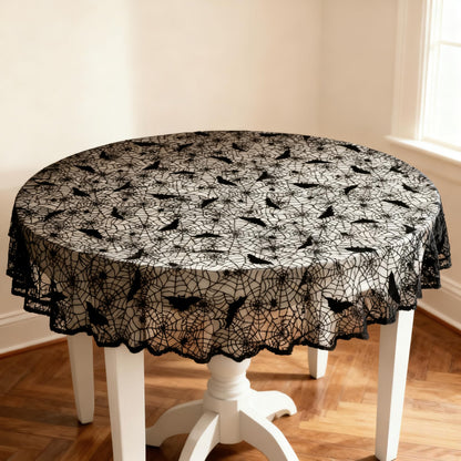 Mluiov Halloween Tablecloth Lace Black Bat Spider Web Decorations Halloween Party Fall Table Cloth Gothic Decor Round Table Cover, 70 Inch