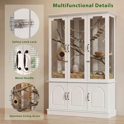 70.8" Tall White Bird Cage with Storage Cabinet, Large Flight Parrot Cage with Lock and 4-Sided Metal Mesh Design, DIY-Friendly, 47.2" Wide Bird Cages for Parakeets, Cockatiels, Finches