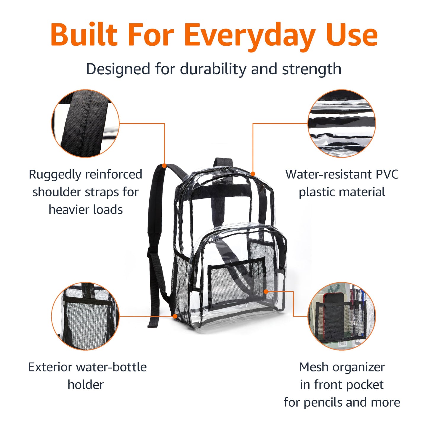 Amazon Basics Transparent Clear School Backpack, Water-Resistant PVC Plastic, Reinforced Shoulder Straps, 17 x 7 x 13 in