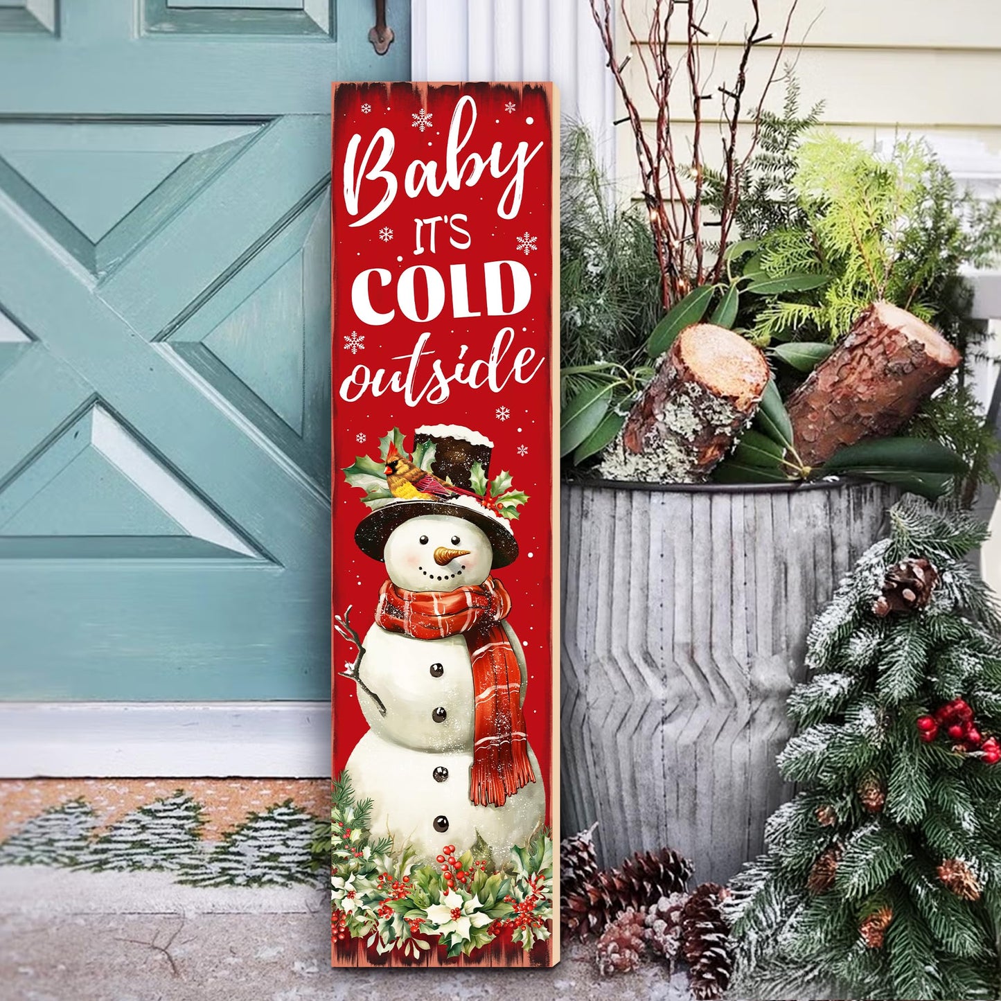 Christmas Snowman "Baby It’s Cold Outside" Porch Sign 31.5" Rustic Welcome Sign for Front Door Farmhouse Style Standing Porch Decoration