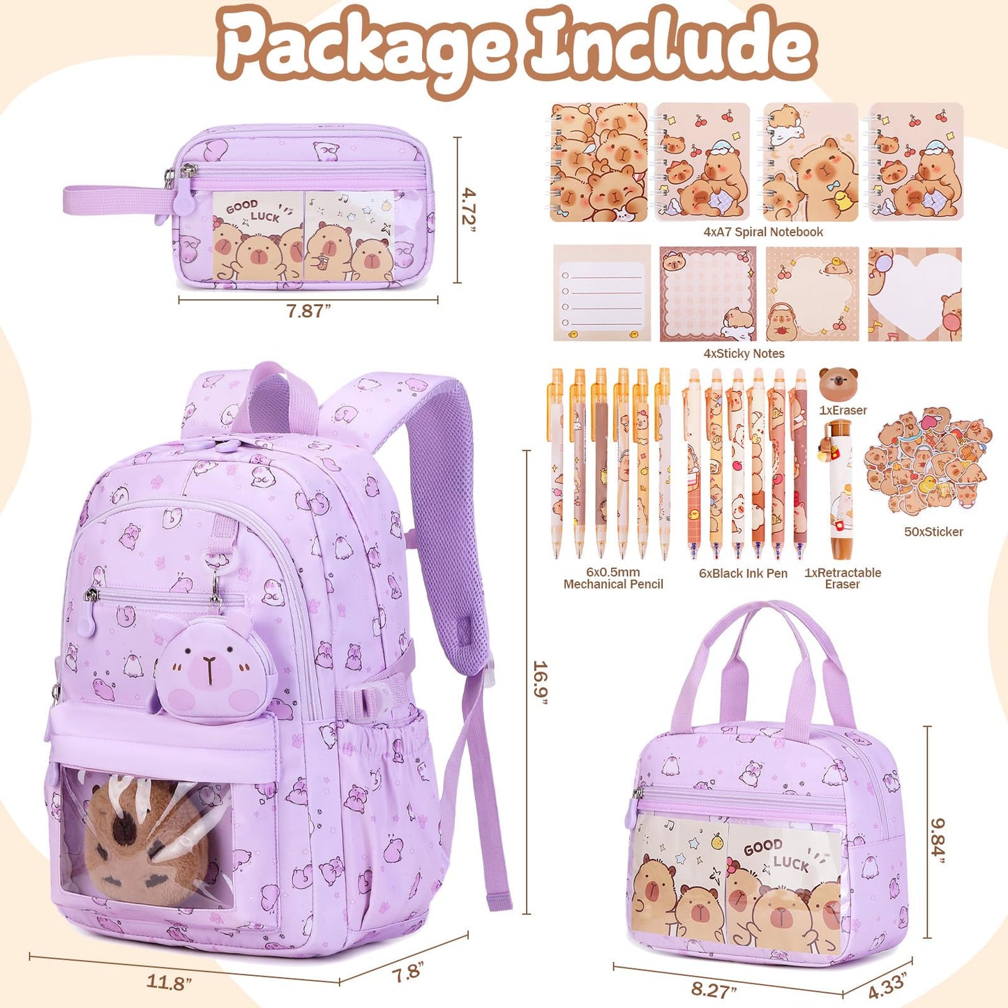 Similove Capybara Theme Backpack for School Girls, 35PCS Kids Backpack Set with School Supplies Stationery Kit Lunch Box Pencil Case, Cute Girls Bookbag for Kindergarten Elementary Student