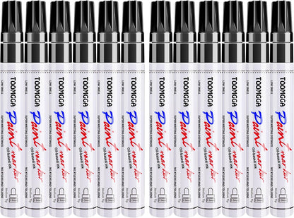 Black Paint Pens Permanent Paint Markers - 12 Pack Oil Based Marking Pens, Medium Point, Quick Drying and Waterproof for Rock Painting Car Tyre Metal, Plastic, Canvas, Wood