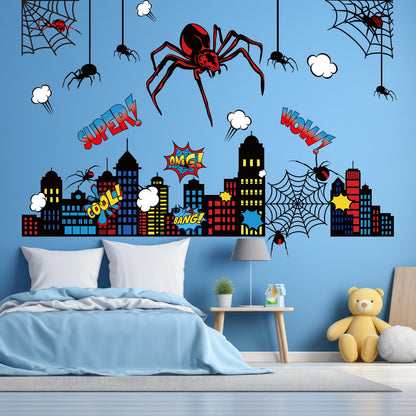 Gilprop Spider Theme Wall Stickers Spiderweb Wall Decal Colorful City Skyline Decor Pack Cool Comics Style Peel and Stick(L,Spider)