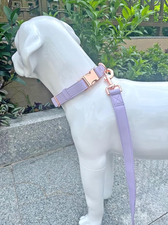 Dog Collar and Leash Set.Soft and Easy to Clean Vegan Leather with Rose Gold Metal Buckle for Small Medium Large Dogs (Light Purple, M(13.8"-19.7"))