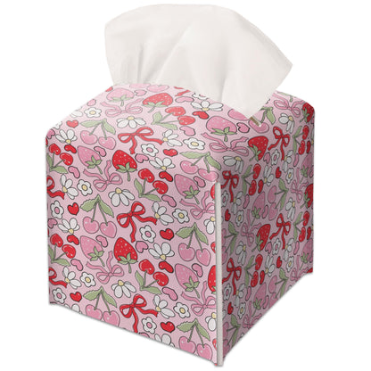 Modern Square Leather Tissue Box Cover/Case Holder Gifts for Women Family and Friends, Decorative Holder/Organizer for Bathroom Kitchen Nightstand Office Home (Red Bow Strawberry)