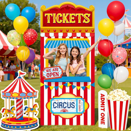 Yinkin Carnival Ticket Booth Standup Kit-Circus Theme Party Decorations Carnival Backdrop Foam Boards Large Photo Booth Props for Circus Party Decor Halloween Birthday Supplies, 72.8 x 31.9 Inch