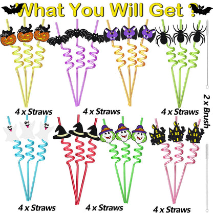 MEAXUR 24pcs Halloween Party Favors Bat Pumpkin Ghost Cat Witch Spider Ghost Pattern Reusable Straws Party Gift Halloween Party Supplies with 2 Cleaning Brushes 8 Color.