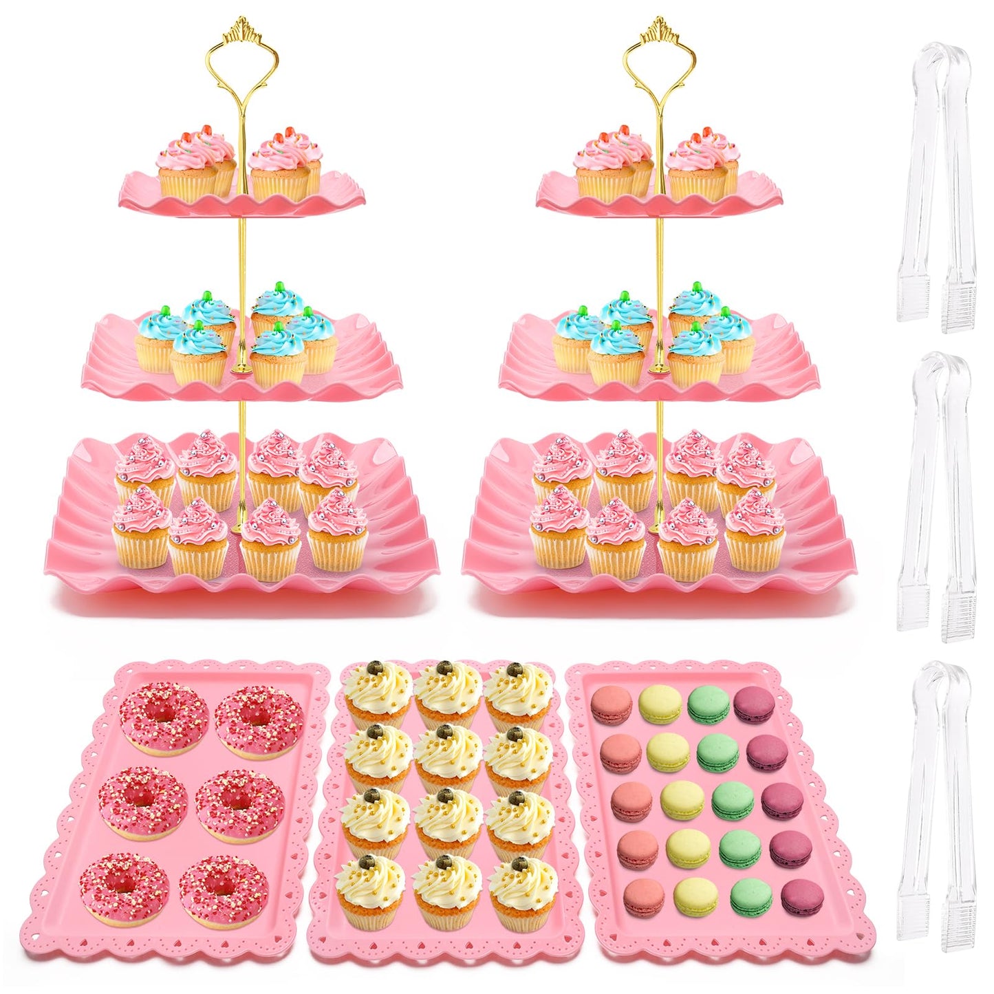 Coitak 8 Pieces Cupcake Stand Set, 2 PCS 3 Tier Cupcake Stands with 3 PCS Appetizer Trays, 3 PCS Serving Tongs, Dessert Tower Tray for Tea Party (Pink)