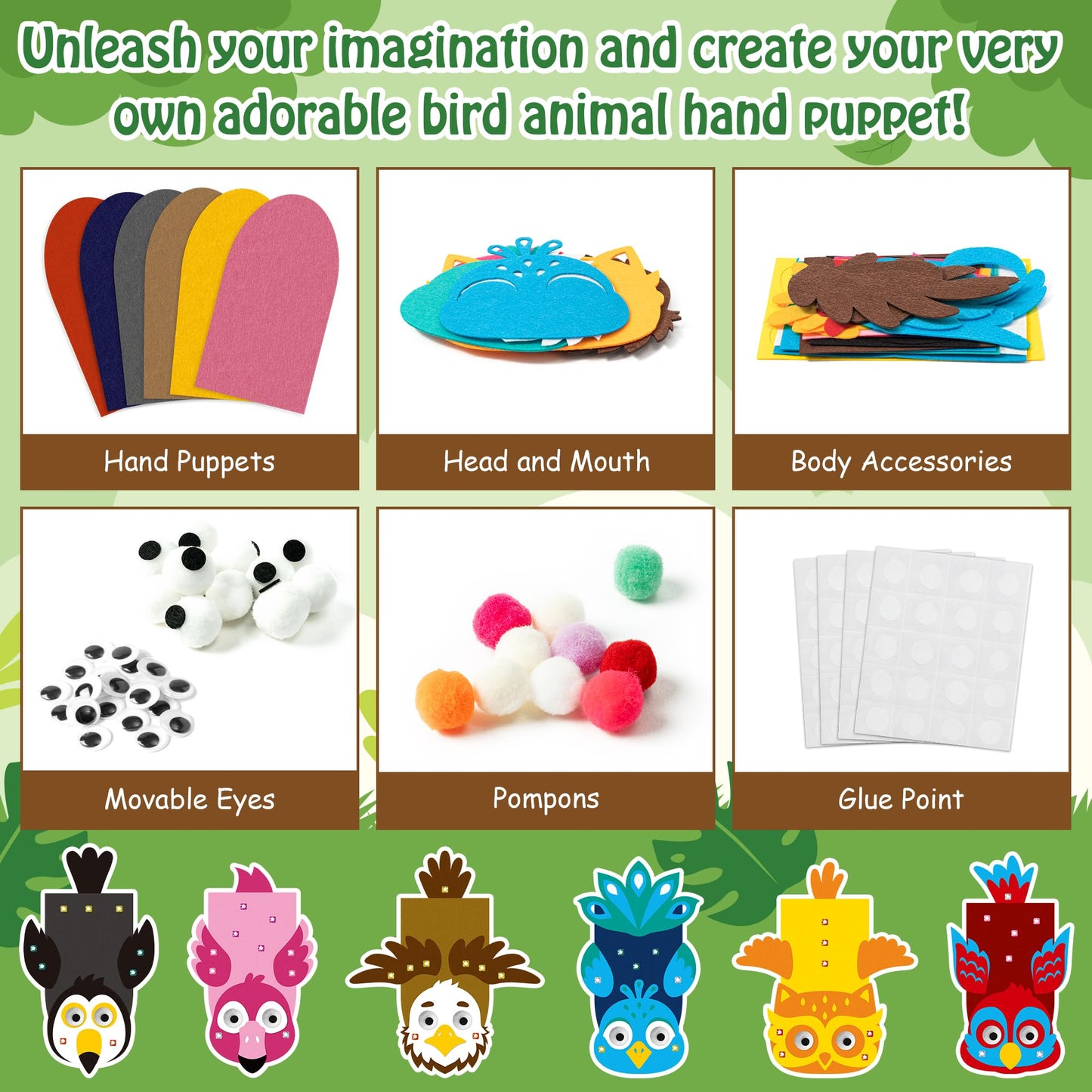 WATINC 6Pcs Hand Puppet Making Kit, Art Craft Felt Sock Puppet Toys, Creative DIY Make Your Own Pompoms Wiggle Googly Eyes Storytelling Role Play Party Supplies Gift for Girls Boys (Bird A)