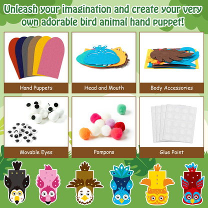 WATINC 6Pcs Hand Puppet Making Kit, Art Craft Felt Sock Puppet Toys, Creative DIY Make Your Own Pompoms Wiggle Googly Eyes Storytelling Role Play Party Supplies Gift for Girls Boys (Bird A)