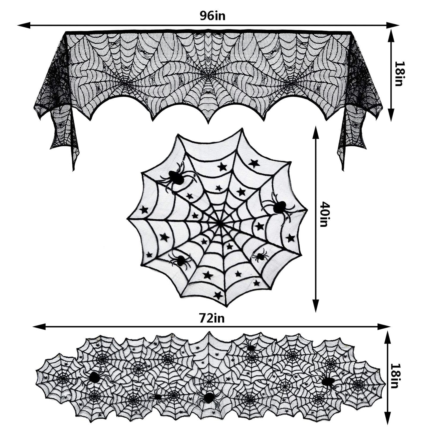 Tayfremn 3pack Halloween Decorations Set Halloween Tablecloth Black Lace Round Spider Cobweb Table Cover Fireplace Mantel Scarf Spiderweb Fireplace Scarf for Party