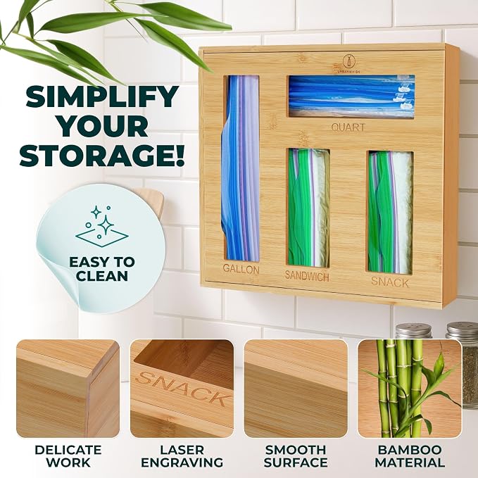 Bamboo Storage Bag Organizer for Kitchen Drawer – Foil & Plastic Bag Organizer for Drawer – Ideal for Foil and Plastic Wrap | Gallon, Quart, Sandwich, Snack Bags, Baggie Holder