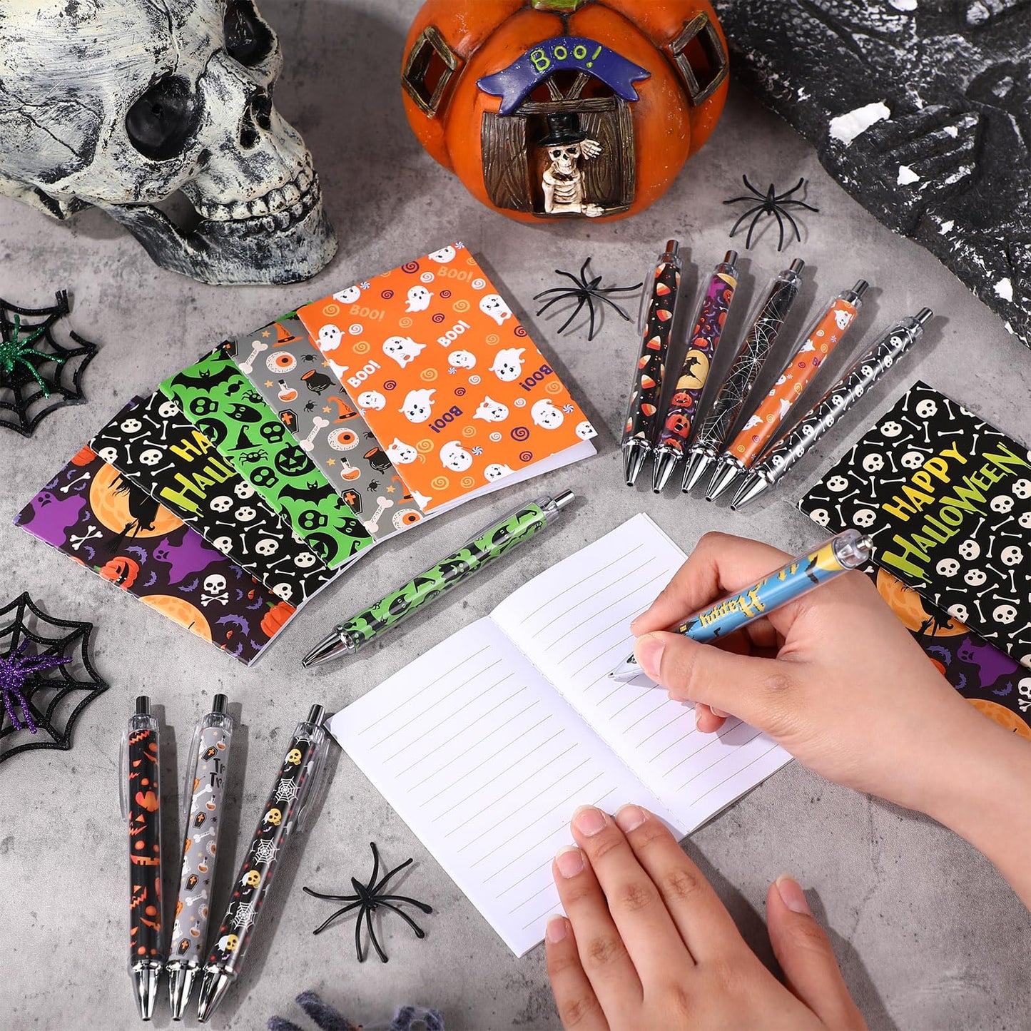 Mimorou 40 Pcs Halloween Party Favors Supplies 10 Sets Gifts Includes 24 oz Spider Skull Tumbler with Lid and Straw Cosmetic Bags Notepads Ballpoint Pens for Halloween Party Favors