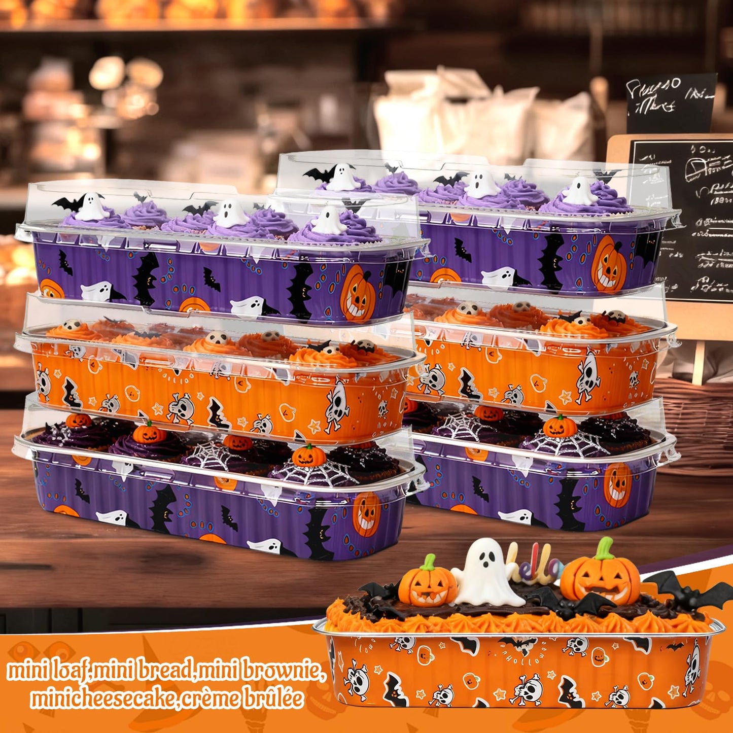 ylnurac 100Pack Halloween Mini Cake Pans Disposable Mini Loaf Pans with Lids and Spoons, 6.8Oz Aluminum Foil Pans Tins, Individual Dessert Cups Containers for Sales,Party,Picnics
