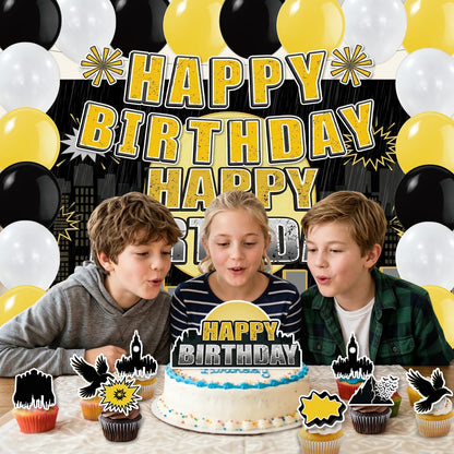 42Pcs Bat Super Theme Hero Party Decorations Including Backdrop,Cake Toppers,Cupcake Toppers,Balloons for Bat Birthday Movie Fans Party Decorations