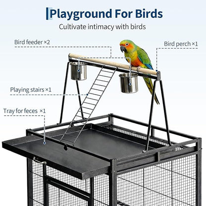 69" H Extra Large Bird Cage with Play Top & Rolling Stand, Wide Metal Parrot Cage for Macaws, Parakeets, Cockatoos, Conures, Lovebirds, Includes Bowls