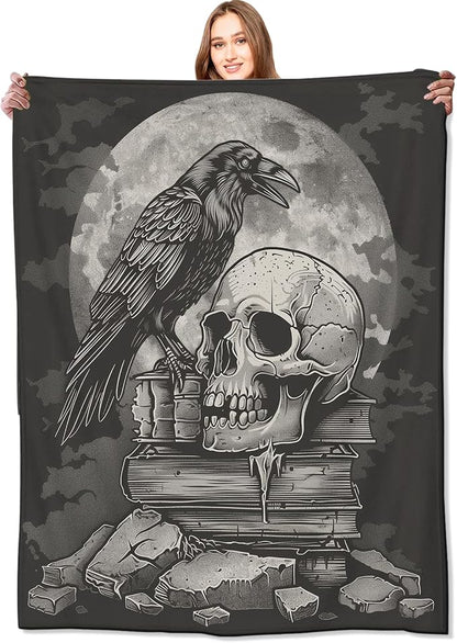 Gothic Skull Blanket,Goth Black Raven Spooky Throw Blankets,Gifts for Women Men, Lightweight Soft Fleece Cozy,for Sofa Couch Bed Room Travel,Festival Halloween Aesthetics Decor,40x50in