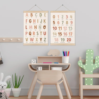 Alphabet Numbers Poster Hanger Frame Set of 2, Nursery Wall Decor, Boho ABC Poster Wall Art with Wooden Frames, Alphabet Banner Wall Hanging Decor for Boy Toddler Room Playroom, 12x16 Inch