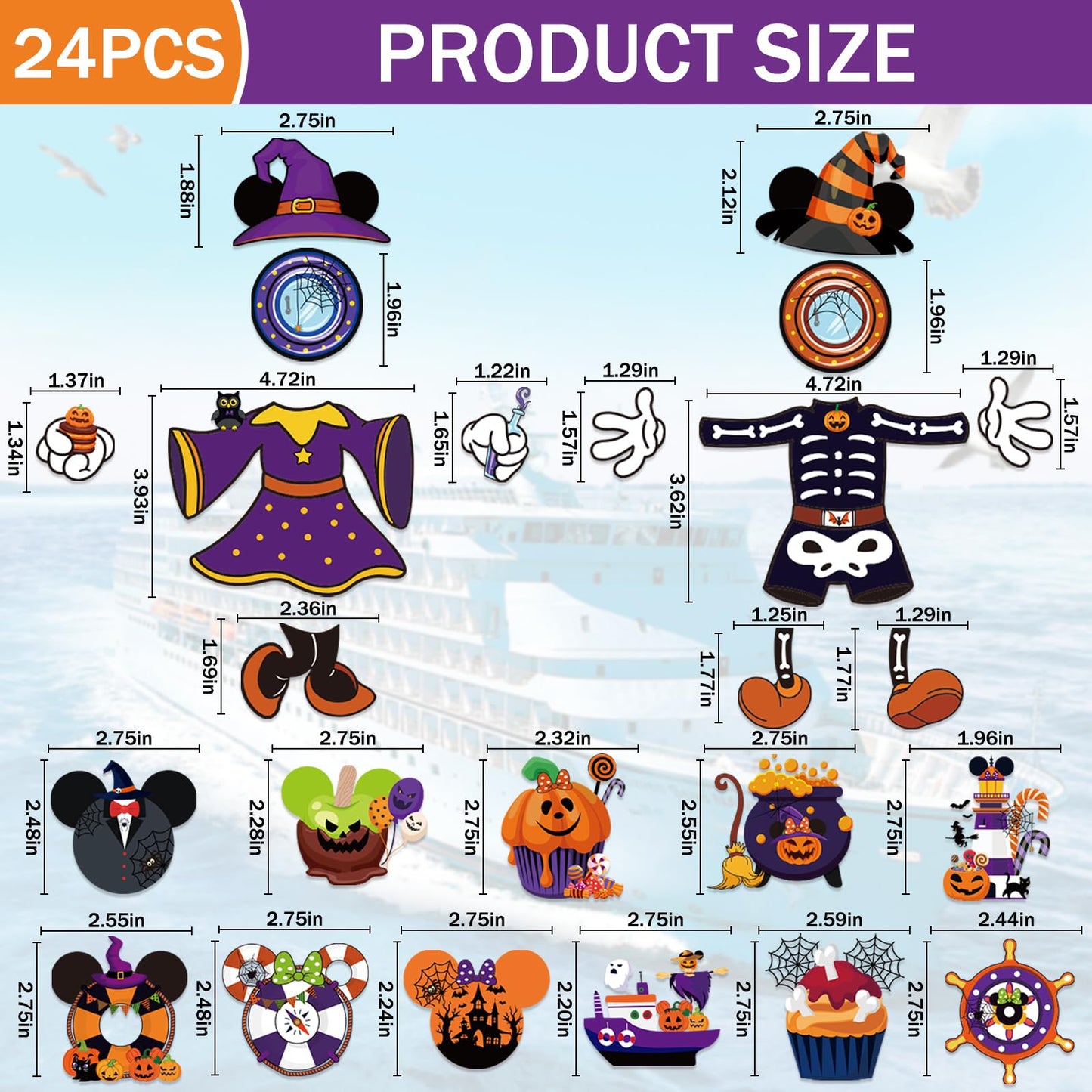 Halloween Cruise Door Magnets Decorations - 24 Pcs Mouse Magnet Stickers, Cute Funny Pumpkin Bats Spider Magnetic Accessories for Cabin Ship Carnival Party Supplies Holiday Stateroom Refrigerator