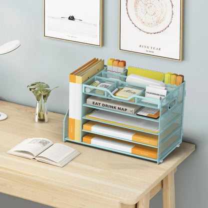 OrgMate 5 Tier Paper Letter Tray with File Holder and 3 Drop-in Pen Holders, Mesh Desk File Organizer with Handle, Desk Organizers and Accessories for School,Home, Office Supplies Storage-Blue