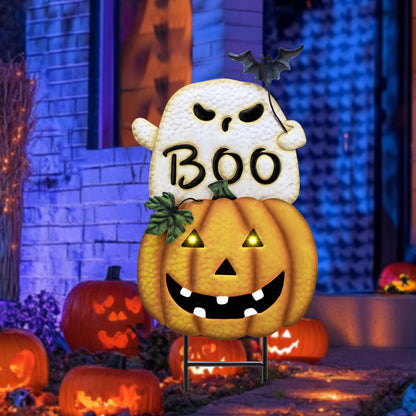 TERESA'S COLLECTIONS Metal Halloween Yard Stakes, Halloween Decorations for Outdoor with Ghost Pumpkins Solar Light, Stacked Jack-o-Lantern Garde Stakes Decor for Pathway Patio Party, 25"