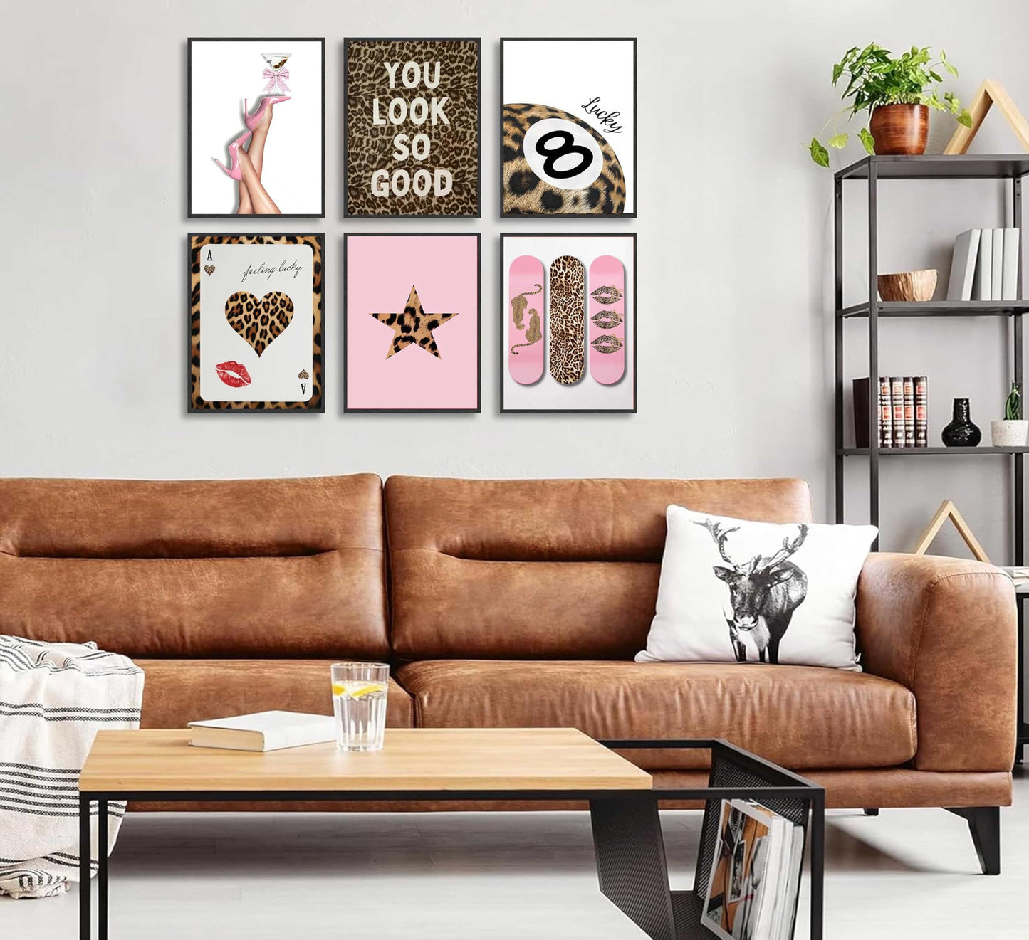 6Pcs Trendy Leopard Wall Art Funky Lucky 8 Ball Posters Prints Stylish Cheetah Room Canvas Wall Decor Preppy Aesthetic Ace Card Paintings Pictures for Girls Bedroom Apartment Dorm Unframed