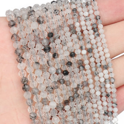 Song Xi 180pcs 2mm Natural Black Rutilated Quartz Gemstone Beads Faceted Round Loose Stone Beads for Jewelry Making (1 Strand)