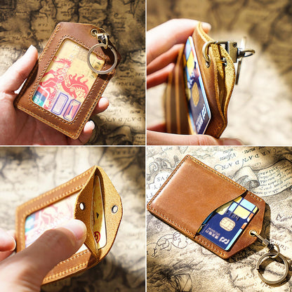 Badge Holder- Vertical Genuine Leather ID Badges Holder Durable Keychain ID Card Holder with Heavy Duty Neck Lanyard for Office, School, Conferences
