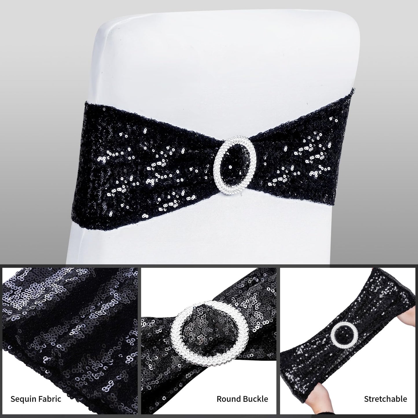 Poise3EHome Pack of 10 Black Sequin Chair Sashes, Double Sided Glitter Stretchy Chair Bands with Buckle for Home Party Bridal Shower Wedding Banquet Reception Decorations