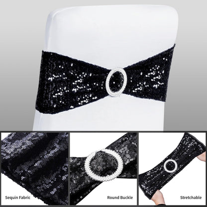 Poise3EHome Pack of 10 Black Sequin Chair Sashes, Double Sided Glitter Stretchy Chair Bands with Buckle for Home Party Bridal Shower Wedding Banquet Reception Decorations