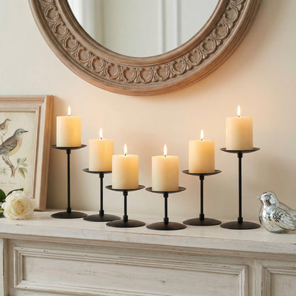 Elsjoy Set of 6 Black Pillar Candle Holders, Metal Pillar Candle Stand Fireplace Candelabras Set for Home Decor, Table Centerpiece, Wedding, 3 Sizes
