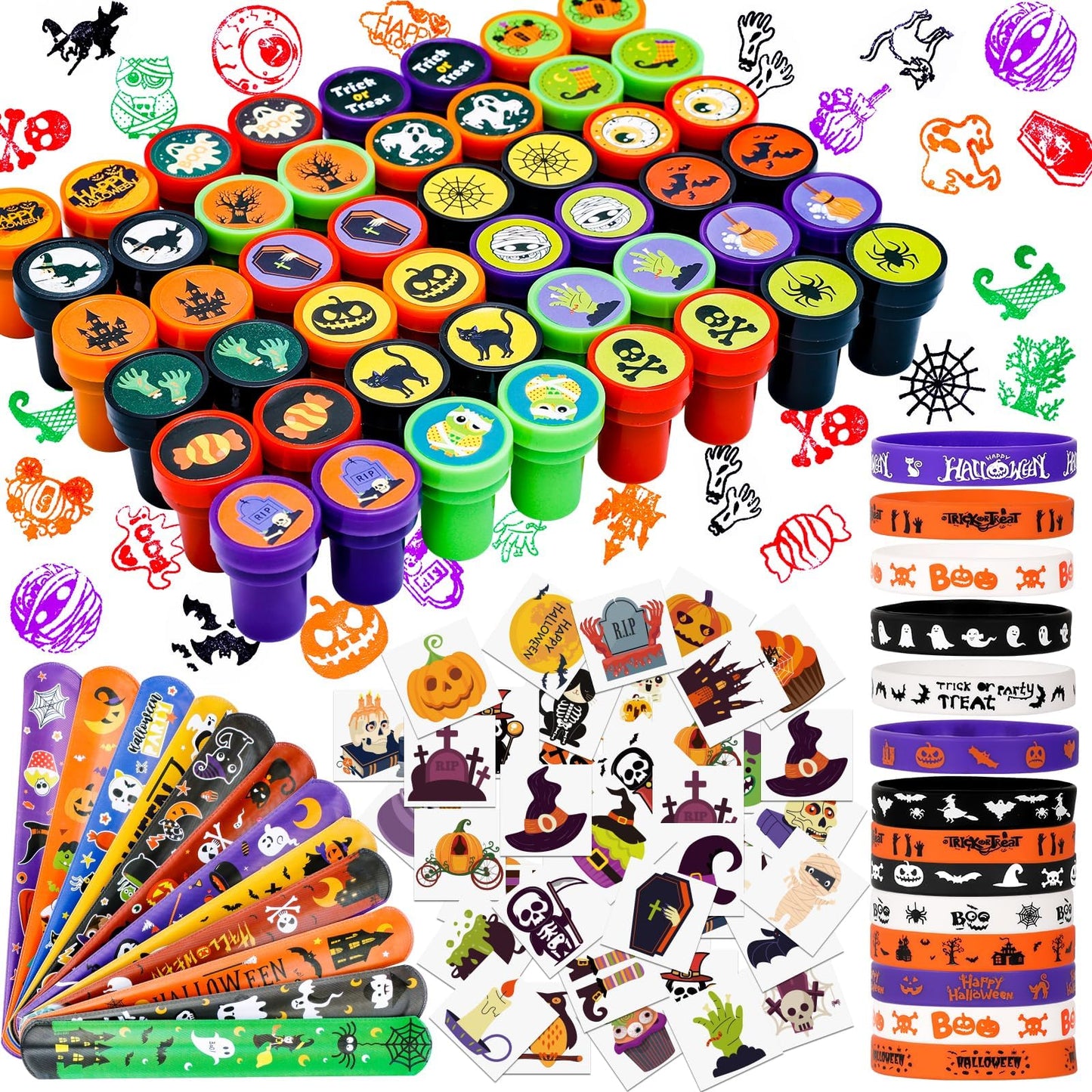 Thuodo Halloween Party Favors for Kids Toys 264pcs Halloween Prizes Bulk for Kids, Goody Bag Fillers including Stamper Tattoos Slap Bracelets Rubber Bracelets Treats Non Candy Party Supplies