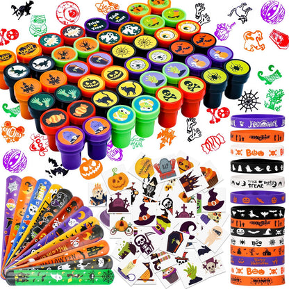 Thuodo Halloween Party Favors for Kids Toys 264pcs Halloween Prizes Bulk for Kids, Goody Bag Fillers including Stamper Tattoos Slap Bracelets Rubber Bracelets Treats Non Candy Party Supplies