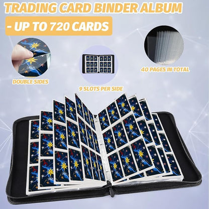 720 Pockets Round Ring Trading Card Binder, 9-Pocket Clear Zipper Card Album with Wrist Strap, Holds 720 Standard TCG Cards Compatible with Sports Baseball Football Game Cards (Black Purple)