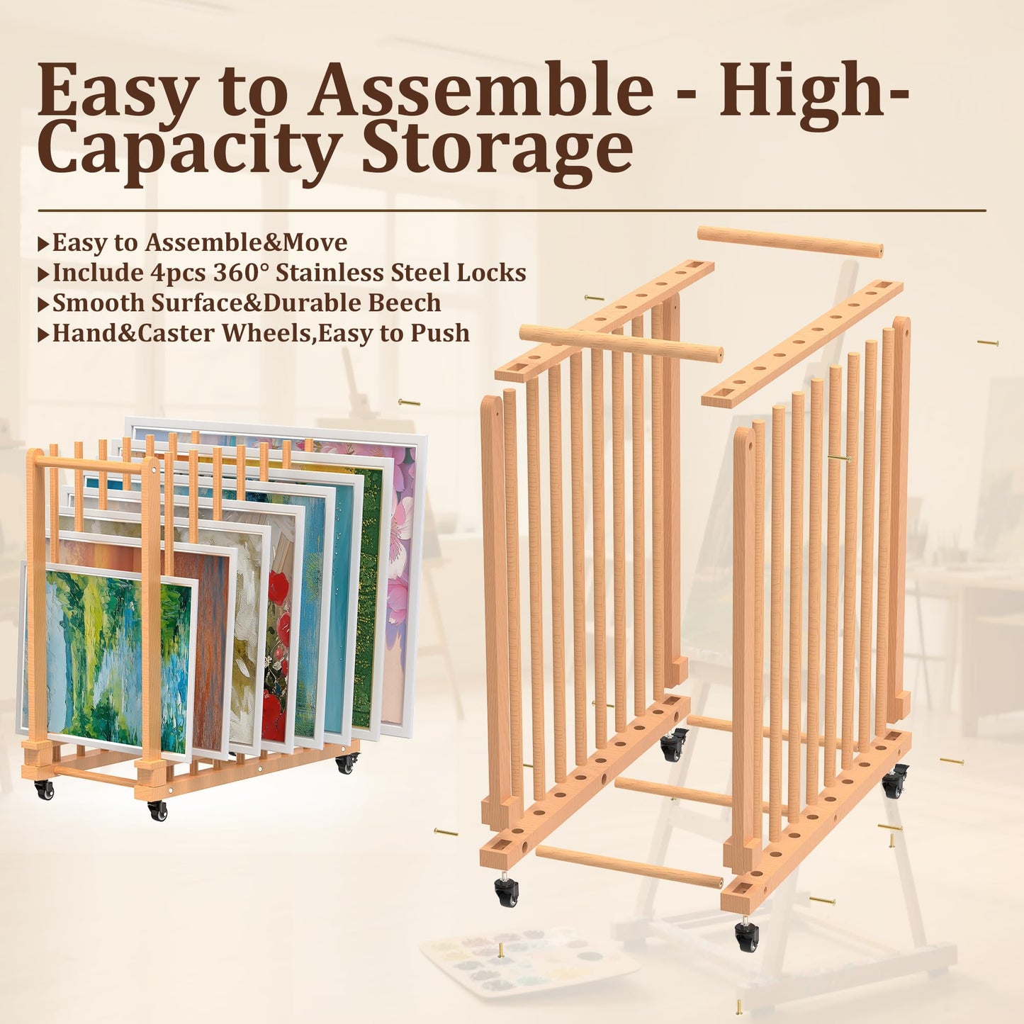 MOOFI Art Storage Rack and Art Rack Storage Organizer for Canvases, Art Drying Rack with Casters - Paint Drying Rack with Adjustable Uprights for Art, Canvas Boards, Frames, Panels, Posters & Prints