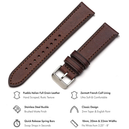 Benchmark Quick Release Leather Watch Band - Premium Italian Full Grain Leather Watch Straps for Men & Women (Dark Brown, 22mm)