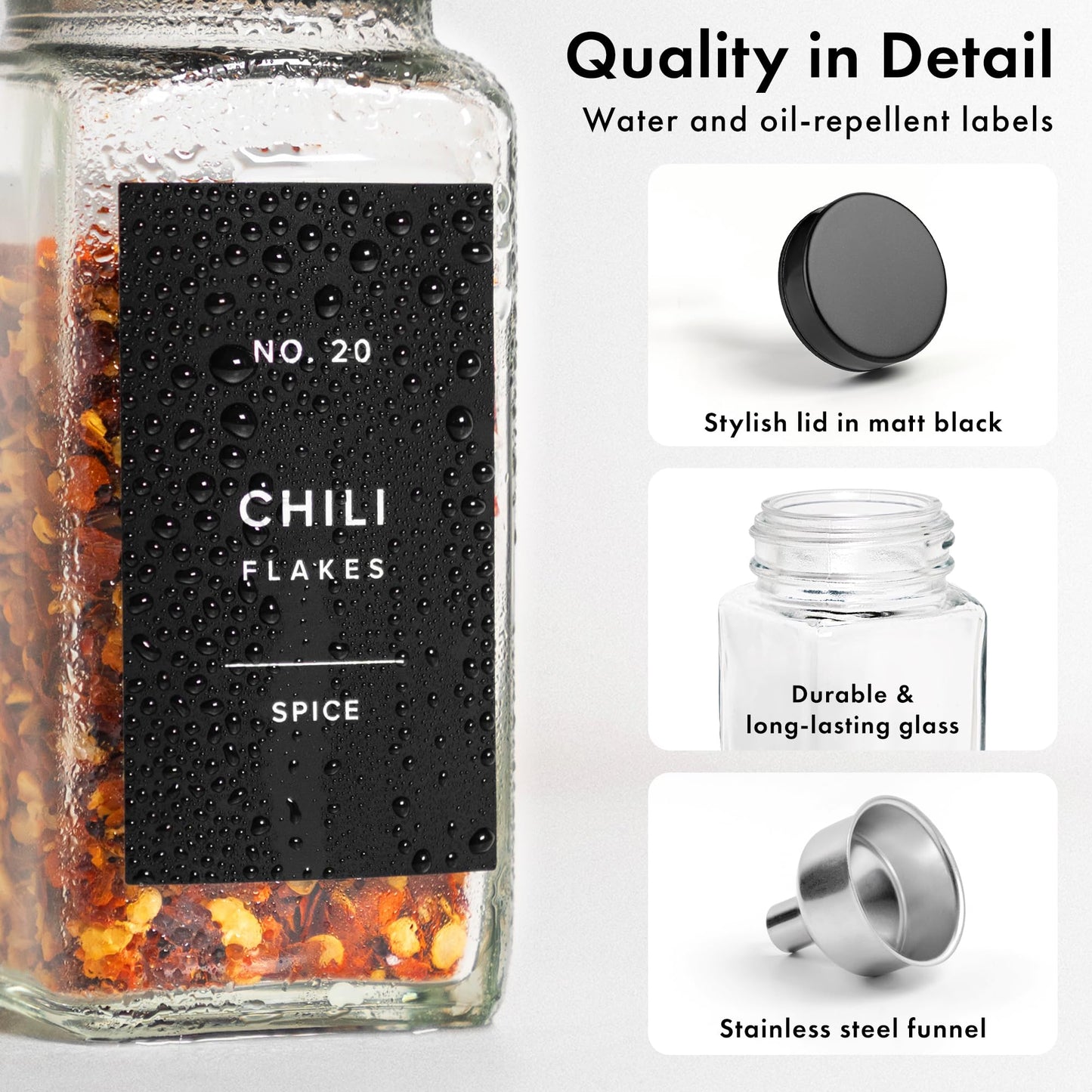 EDELHAUS Glass Spice Jars with Label and Black Lids (24 x 4oz) Spice Containers with 240 Labels, Shaker Inserts, Steel Funnel, Empty Square Seasoning Organizer for Spice Rack, Cabinet, Drawer