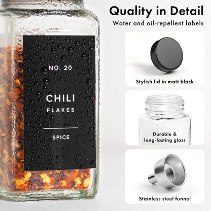 EDELHAUS Glass Spice Jars with Label and Black Lids (24 x 4oz) Spice Containers with 240 Labels, Shaker Inserts, Steel Funnel, Empty Square Seasoning Organizer for Spice Rack, Cabinet, Drawer