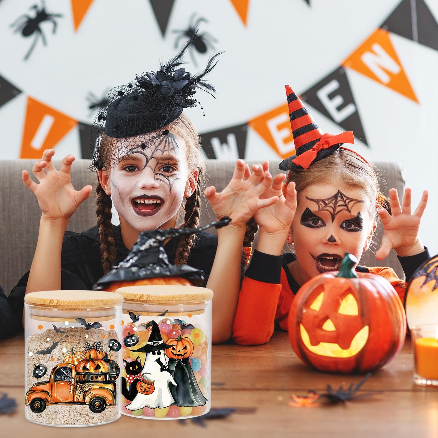 JarThenaAMCS 3Pcs Halloween Glass Storage Jars with Airtight Lid Ghost Pumpkin Truck Decorative Canisters Sets for Home Kitchen Countertop